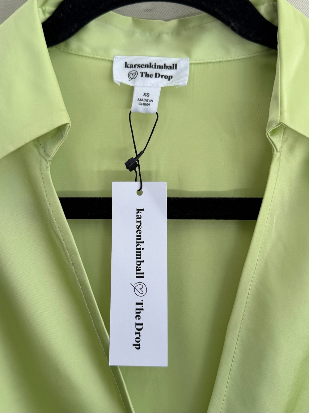 The Drop x Karen Kimball Lime Ruched Tie Front Satin Blouse Women’s XS NWT - Picture 6 of 12